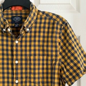 St Johns Bay Mens‎ Gingham No Tuck Comfort Flex Shirt Mustard Navy Blue Size M